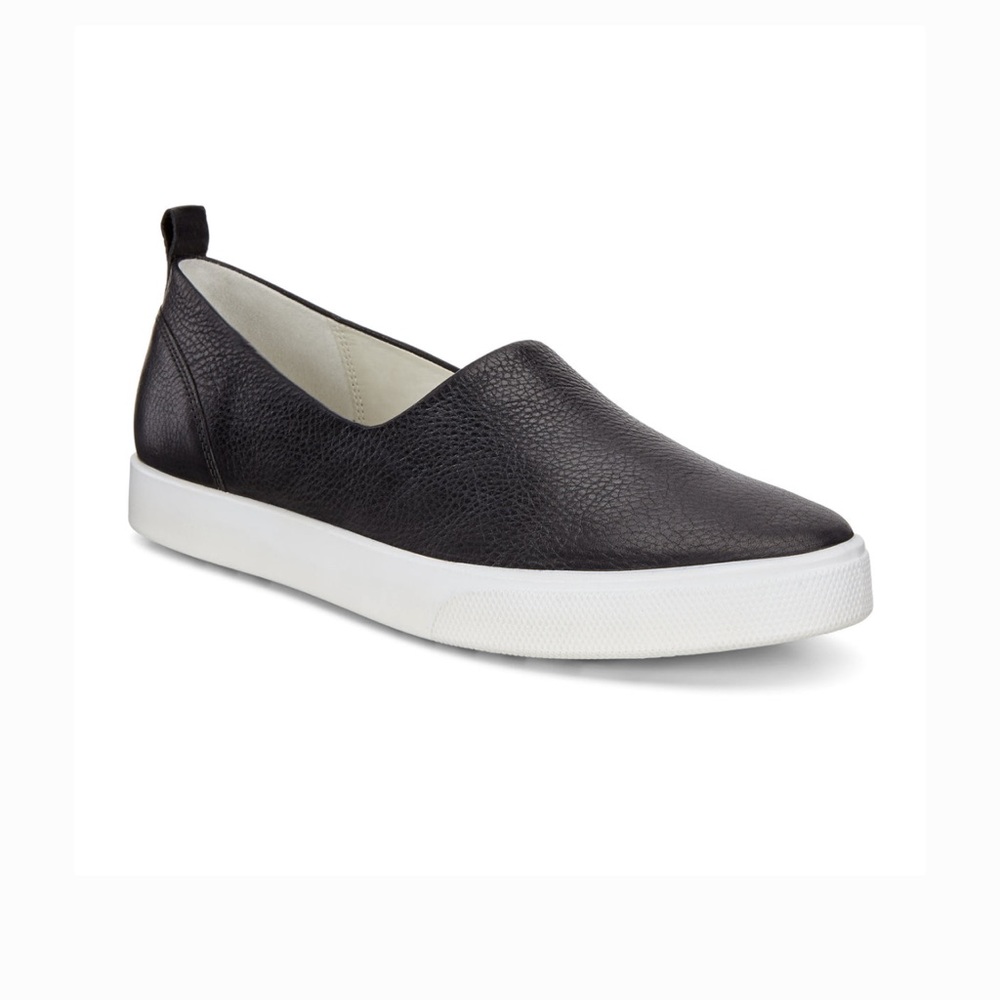 Ecco Black Leather Slip-On Sneakers with White Sole
